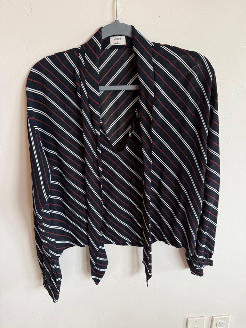 Wilfred Black Striped Tie-Neck Blouse with White and Burgundy Stripes